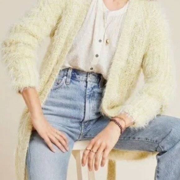 Anthropologie Larkin Shimmer open Cardigan Sweater eyelash yellow size Medium - Picture 3 of 11